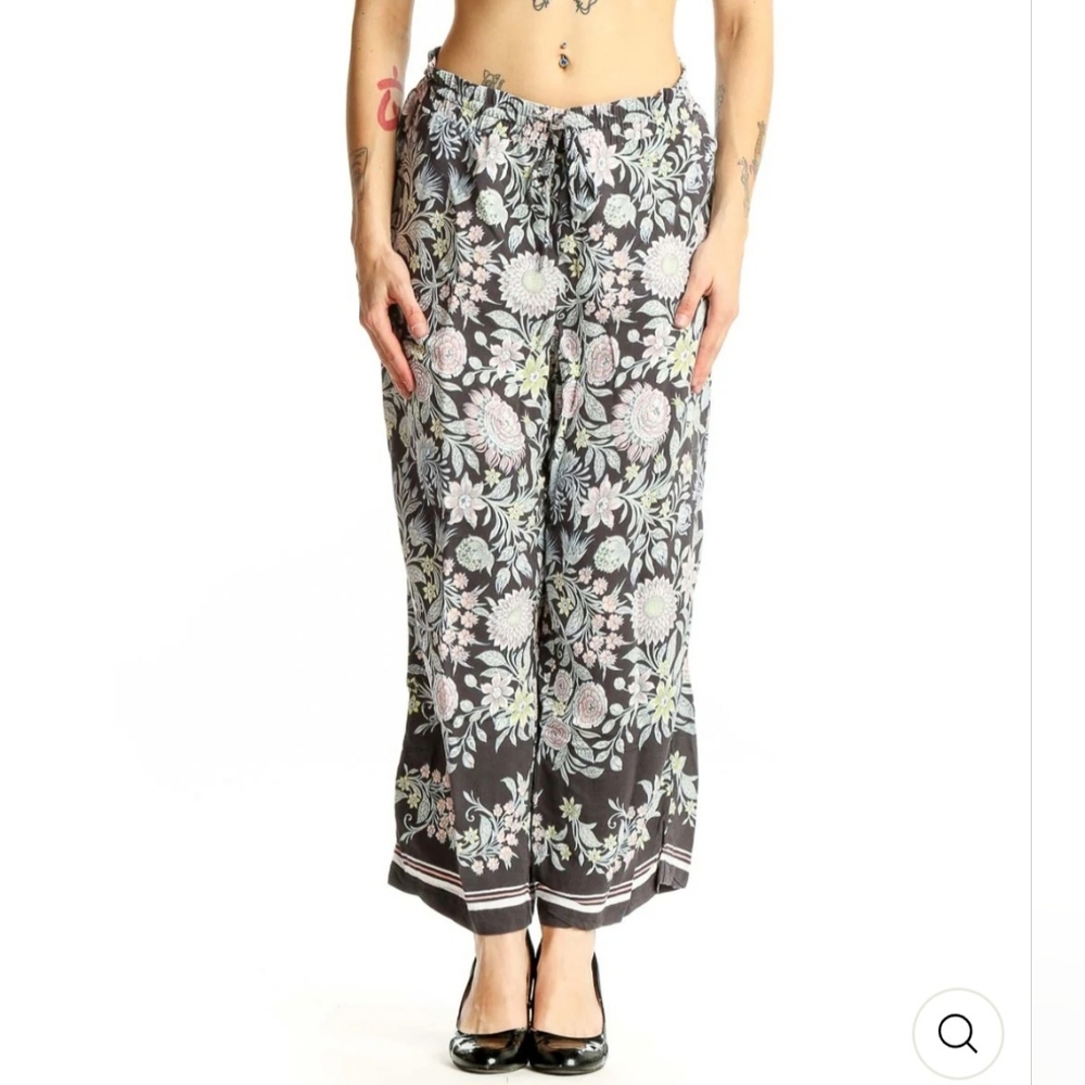 LOFT Gray Pink Floral Viscose Wide Led Pants Flowy Feminine Size Medium